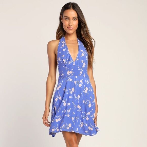 ✨ Bright Skies Blue Floral Print Halter Mini Dress✨ - Picture 1 of 10